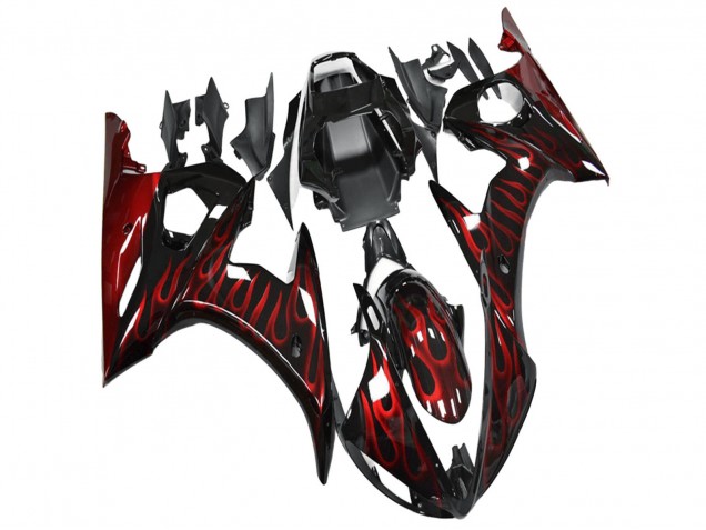 Carenado Moto Yamaha YZF R6 2003-2004 - Negro Brillante Rojo Llama