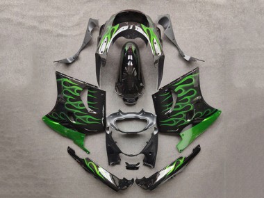 Carenados Moto Kawasaki ZZR1100 1993-2003 - Negro Brillante Verde Llama