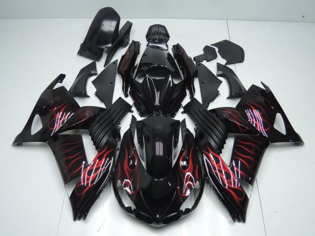 Carenados Moto Kawasaki ZX14R ZZR1400 2006-2011 - Negro Brillante Rojo Llama