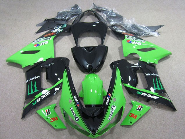 Carenados Moto Kawasaki ZX6R 2005-2006 - Negro Brillante Verde Elf Touch4 Bridgestone Monstruo