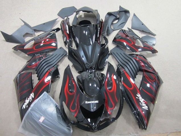 Carenado Moto Kawasaki ZX14R ZZR1400 2006-2011 - Negro Brillante Rojo Llama